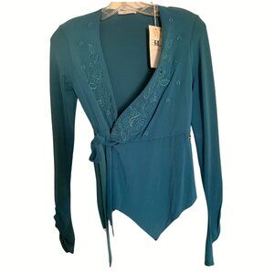 E. Loco Paris Teal Flower Embroidered Wrap Top WT